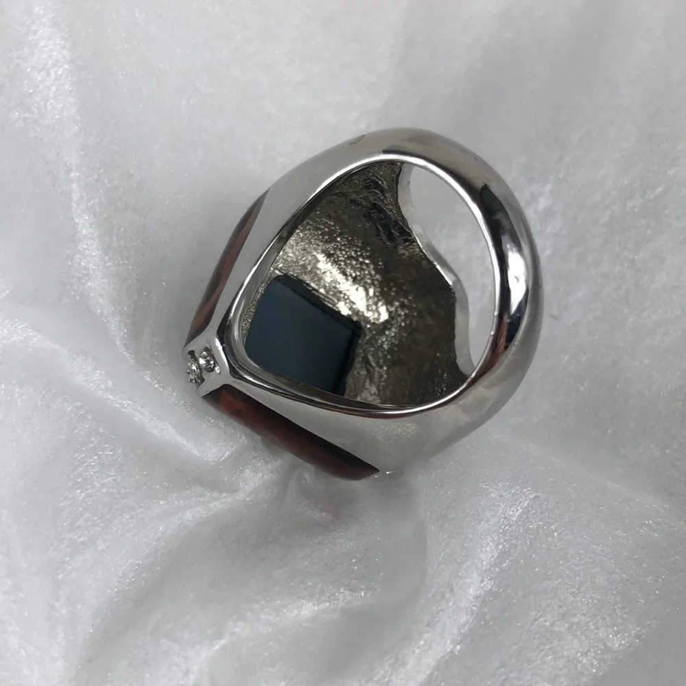 Smoky Quartz Ring Men's Size 8 Square Simulated Stones Faceted Silver Tone Band